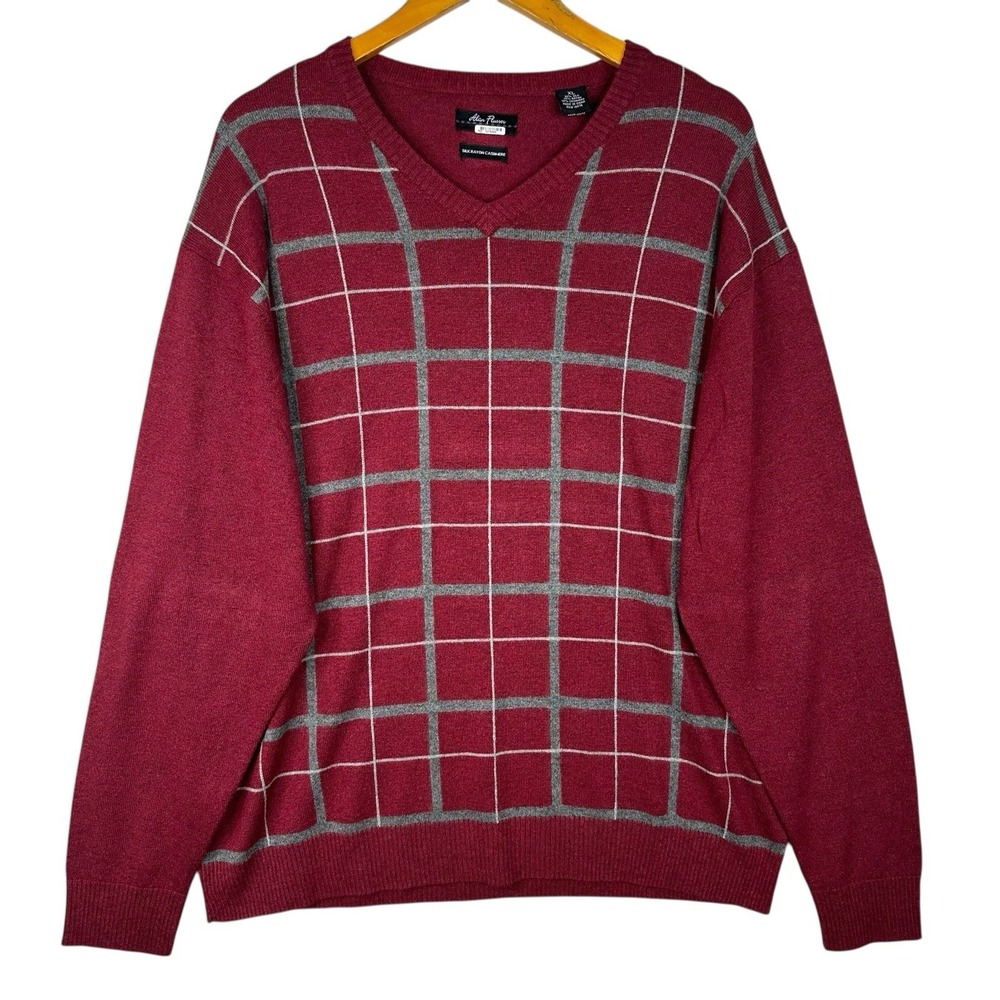 Alan‎ Flusser Alan Flusser Silk Cashmere Sweater XL Burgundy Windowpane Plaid